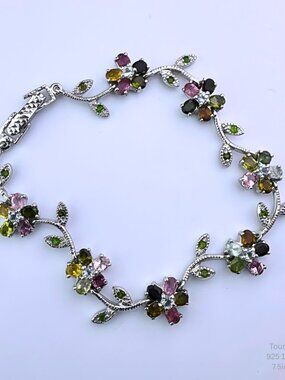 Handmade Jewelry Tourmaline Bracelet 925 14k Gold Floral Link Tennis Jewelry